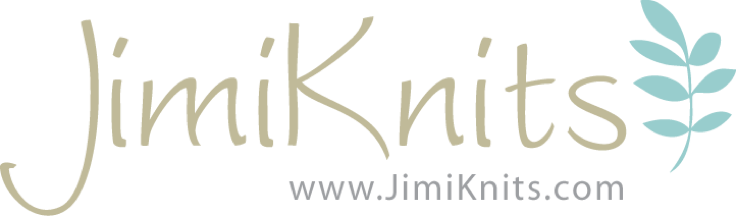 "JimiKnits logo with a stylized leaf design and website URL www.JimiKnits.com."